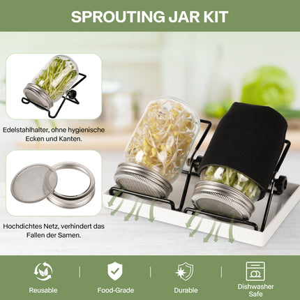 Dīgšanas pudeļu komplekts (2 gab.) sēklām, trauks mājas audzēšanai ar dīgšanas burku un nerūsējošā tērauda sietu - komplektā. drenāžas statīvs brokoļu asniem, lucernai, mikrozaļumiem | Ideāli piemērots diedzētu burku dīgšanai
