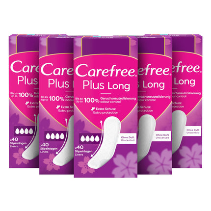 CAREFREE Plus Long bezsmaržojošie ikdienas ieliktnīši (5 x 40 gab.), īpaši absorbējoši, lai acumirklī aizturētu šķidrumu, Plus Long izmērs