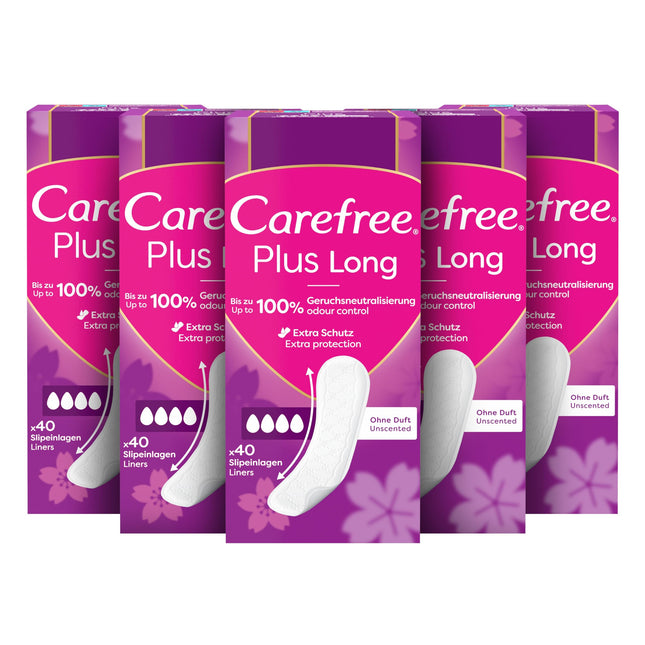 CAREFREE Plus Long bezsmaržojošie ikdienas ieliktnīši (5 x 40 gab.), īpaši absorbējoši, lai acumirklī aizturētu šķidrumu, Plus Long izmērs