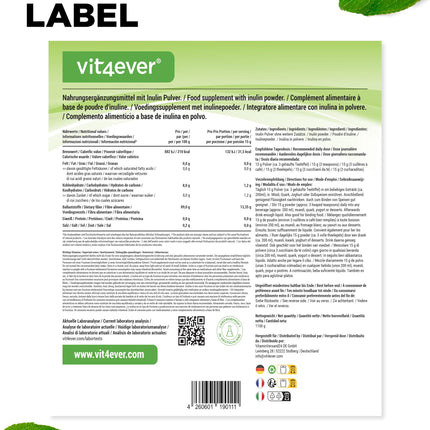 Prebio inulīna pulveris - 1100 g (1,1 kg) - Augsts šķiedrvielu saturs - Prebiotiķis - Kontrolēts atlieku saturs - Izcelsme: Eiropa - Dabiski iegūts no cigoriņu saknes - 100% vegāns