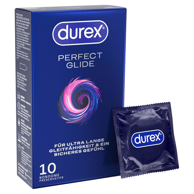 Durex Perfect Glide prezervatīvi – ar lielu daudzumu silikona lubrikanta ilgstošai lubrikācijai un drošai sajūtai – 10 iepakojums (1 x 10 gabali)