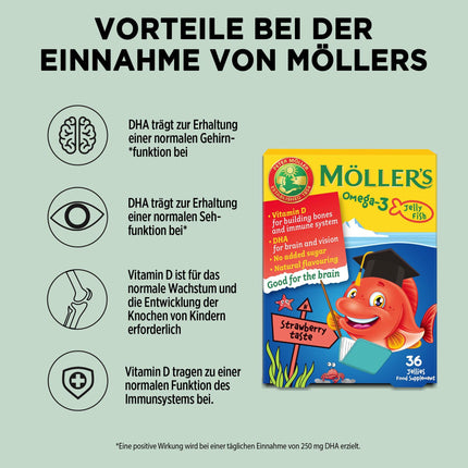 Möller's Omega 3 kapsulas bērniem | Dabīga Omega 3 zivju eļļa ar zemeņu garšu | Ar DHA un EPA | Viegli sakošļājams | Bez glutēna, laktozes un cukura | 36 gabali