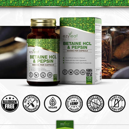 Ezyleaf betaīna hidrohlorīds pepsīns 680 mg | 120 vegāniskas betaīna HCL kapsulas | Betaīna hidrohlorīds ar pepsīnu | Gremošanas enzīmi | Bez mākslīgām sastāvdaļām | ISO sertificēts, bez glutēna un ĢMO | No Lielbritānijas