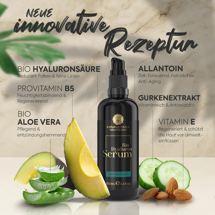 BIO Hyaluron Serum hochdosiert • 100ml +Vit E & B5 • 7-Fach Hyaluronsäure Serum Gesicht ✓100% Vegan&BIO ✓Anti-Aging Konzentrat ✓ Anti Falten Serum Naturkosmetik ✓Made in Germany ✓Hyaluronic Acid Serum
