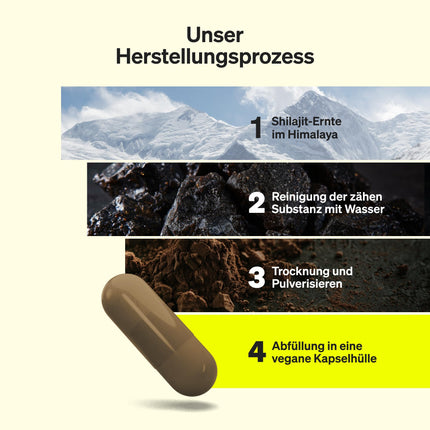 Mumijo Shilajit kapsulas – augsta deva 1300 mg dienā – 120 kapsulas Shilajit Original no Himalajiem – vegāns, bez nevajadzīgām piedevām – ražots Vācijā un laboratorijā pārbaudīts