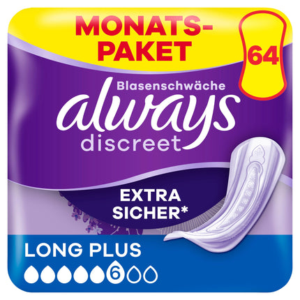 Always Discreet urīna nesaturēšanas ieliktņi Long Plus mēneša iepakojums urīnpūšļa vājuma gadījumā, 64 ieliktņi (8 iepakojumi x 8)