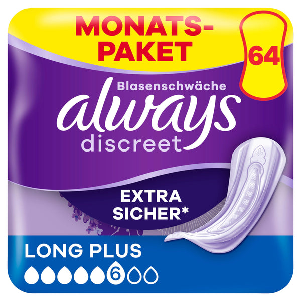 Always Discreet urīna nesaturēšanas ieliktņi Long Plus mēneša iepakojums urīnpūšļa vājuma gadījumā, 64 ieliktņi (8 iepakojumi x 8)