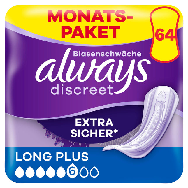 Always Discreet urīna nesaturēšanas ieliktņi Long Plus mēneša iepakojums urīnpūšļa vājuma gadījumā, 64 ieliktņi (8 iepakojumi x 8)