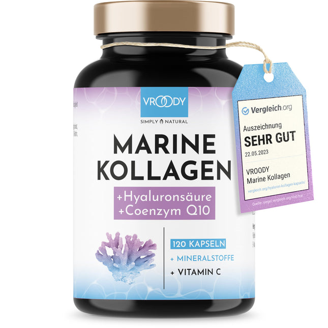 Augstākās kvalitātes jūras kolagēna kombinācija 1000 mg + Q10, hialuronskābe, varš, mangāns, C vitamīns, cinks un biotīns veicina normālas ādas un matu veselības uzturēšanu; Ražots Austrijā, uzņēmumā VROODY - testa rezultāts ĻOTI LABS!