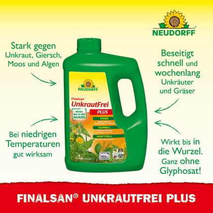 Neudorff Finalsan UnkrautFrei Plus koncentrāts — spēcīgs nezāļu iznīcinātājs, kas iedarbojas tieši līdz augu saknēm. Ātras darbības nezāļu tīrītājs 1x 2 litri, zaļš