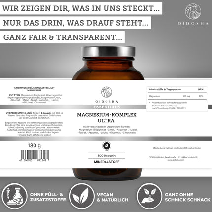 QIDOSHA® magnija komplekss ar augstu devu, 300 kapsulas farmaceita glāzē, 9 Mg formas ar papildinošām aktīvajām sastāvdaļām kā pilna spektra Mg, 300 mg elementārā magnija/dienā