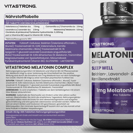 Melatonīna Vitastrong komplekss, 365 mikrotabletes, augsta deva ar kumelītēm, baldriānu, lavandu un B6 vitamīnu, melatonīna tabletes miega kvalitātei un laika joslu maiņas mazināšanai, bez cukura, glutēna un ĢMO