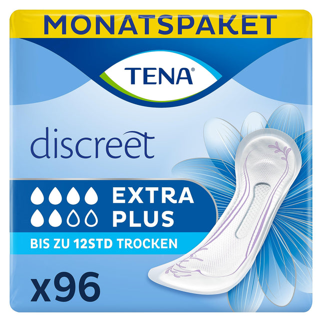 TENA Discreet Extra Plus - 96 ieliktņi mēneša iepakojumā (6 x 16 ieliktņi), individuāli iesaiņoti - sieviešu higiēniskie ieliktņi - mērenas urīnpūšļa vājuma un nesaturēšanas gadījumā