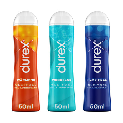 Durex Play lubrikanta universālais maisījuma iepakojums sievietēm un vīriešiem - komplekts ar uz ūdens bāzes veidotu lubrikantu seksam un prezervatīvu lietošanai (3 x 50 ml)
