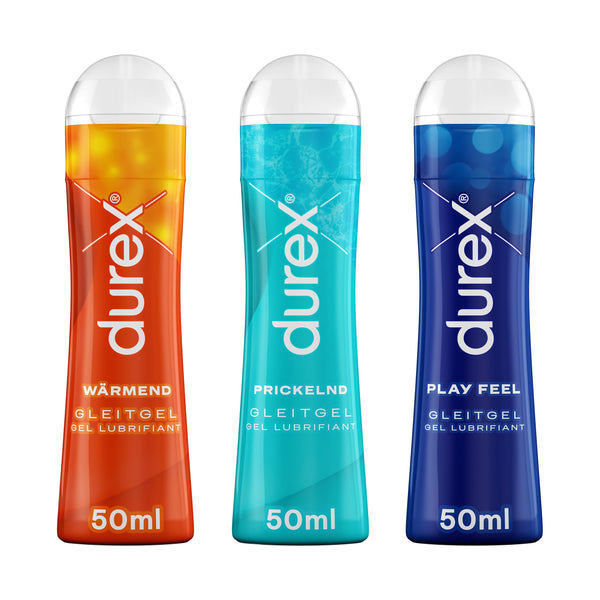 Durex Play lubrikanta universālais maisījuma iepakojums sievietēm un vīriešiem - komplekts ar uz ūdens bāzes veidotu lubrikantu seksam un prezervatīvu lietošanai (3 x 50 ml)