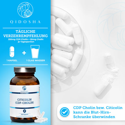 QIDOSHA® CDP holīna (citikolīna) kapsulas, 180 kapsulas aptiekas glāzē, 250 mg citikolīna/CDP holīna vienā kapsulā, vegāns, laboratorijā pārbaudīts, ražots Vācijā, citikolīna CDP holīns 250 mg