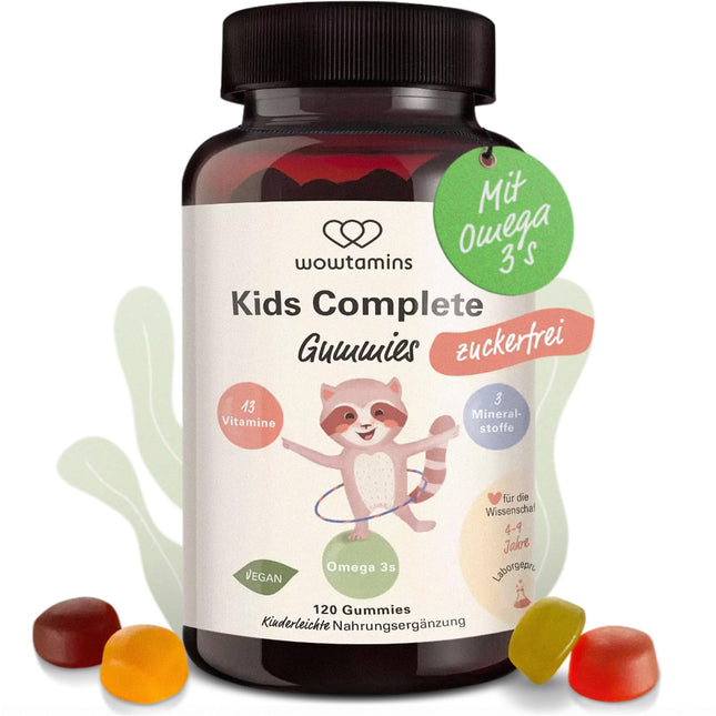 wowtamins Kids Complete bez cukura - vegānas multivitamīnu želejkonfektes ar Omega 3 (30 dienu piegāde) - vitamīni bērniem - uztura bagātinātājs imūnsistēmai ar C, D3, B12 vitamīniem, cinku un citiem vitamīniem