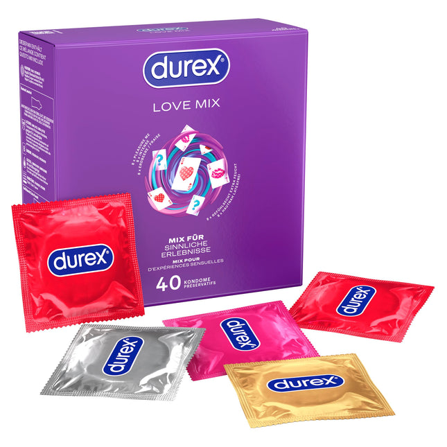 Durex Love Mix prezervatīvu maisījums – daudzpusīgs jaukts iepakojums ar 5 dažādiem prezervatīvu veidiem, ko izmēģināt – 40 prezervatīvi (1 iepakojums)