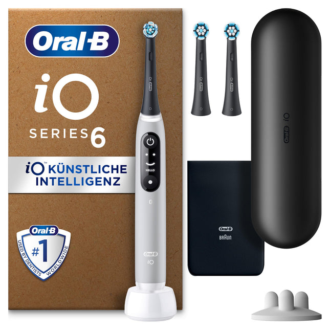 Oral-B iO Series 6 Plus Sensitive Edition elektriskā zobu birste, PLUS 3 birstes galviņas, 5 tīrīšanas režīmi zobu kopšanai, ceļojumu maciņš, Braun dizains, pelēka opāla