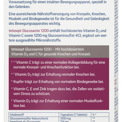 tetesept Glucosamine 1200 - 1 x 30 tabletes - uztura bagātinātājs ar glikozamīnu un lielām D3 vitamīna un C vitamīna devām - veseliem kauliem un skrimšļiem (uztura bagātinātājs)