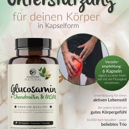 Surpresa dabīgā glikozamīna, hondroitīna un MSM kapsulas, augsta deva | 3 x 195 kapsulas | 4500 mg dienā | Uztura bagātinātājs bez piedevām un laboratoriski pārbaudīts | 1 mēneša piegāde