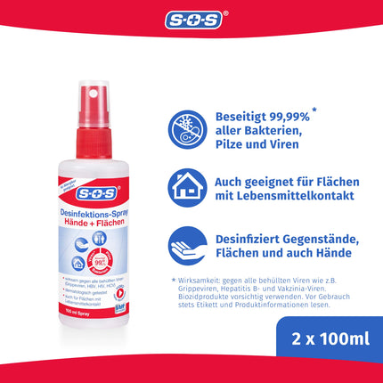 SOS dezinfekcijas aerosols, 2 x 100 ml smidzināšanas pudeles, roku dezinfekcija pret 99,99% baktēriju, sēnīšu un vīrusu*, piemērots virsmu un priekšmetu dezinfekcijai