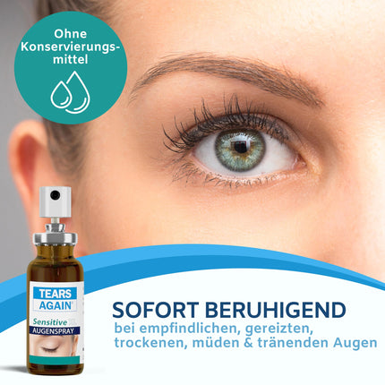 TEARS AGAIN Sensitive XL 20 ml acu aerosols sausām acīm - piemērots kontaktlēcām, palīdz pret dedzinošu un asarojošu acu sajūtu, bez konservantiem