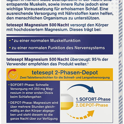 tetesept Magnesium 500 Night – uztura bagātinātājs ar augstu magnija devu – atslābināti muskuļi miega laikā ar magnija tabletēm – 1 x 30 tabletes