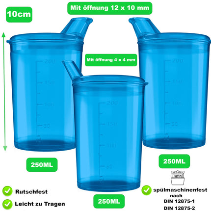 3x dzeršanas krūzītes ar vākiem 250ml dzeltenas dzeršanas krūzītes senioriem 3x krūzīšu komplekts ar 3x vākiem (2x ar atveri 12 x 10 mm un 1 x ar atveri 4 x 4 mm) Dzeršanas krūzīte ar vāku - Dzeršanas krūzīte mazulim (zila)
