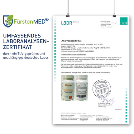 FürstenMED® 900 mg bišu propolisa kapsulas ar augstu devu - dabīgi flavonoīdi no bišu sveķiem ar C vitamīnu (no acerolas) - 90 veģetārās kapsulas - laboratoriski pārbaudītas
