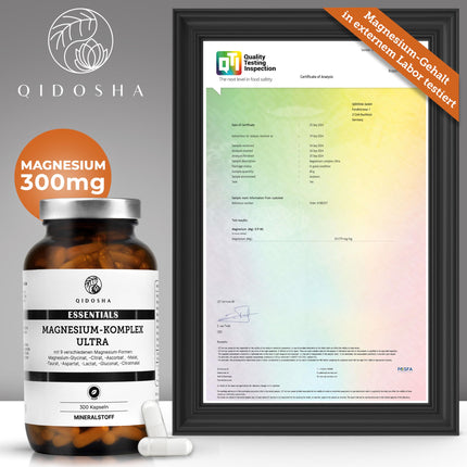 QIDOSHA® magnija komplekss ar augstu devu, 300 kapsulas farmaceita glāzē, 9 Mg formas ar papildinošām aktīvajām sastāvdaļām kā pilna spektra Mg, 300 mg elementārā magnija/dienā