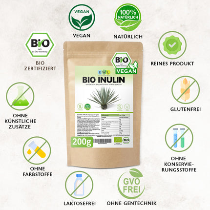 EWL Natural Products inulīna pulveris ORGANISKS 200 g, šķiedrvielu pulveris, kas iegūts no agaves, inulīna pulveris, kas iegūts bioloģiski kontrolētā bioloģiskā audzēšanā.