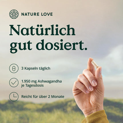 NATURE LOVE® Bioloģiskā ašvaganda - 240 kapsulas - Augsti koncentrēta ar 1950 mg dienas devā - Augstas kvalitātes Indijas ašvaganda - Laboratorijā pārbaudīta, vegāna, ražota Vācijā