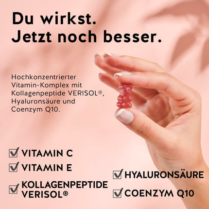 Kolagēna un hialuronskābes želejkonfektes – Skaistuma komplekss ar 2500 mg VERISOL® kolagēna, koenzīma Q10, C un E vitamīniem dabīgai ādas kopšanai – 90 gabali – Bez cukura – Lācīši ar ieguvumiem