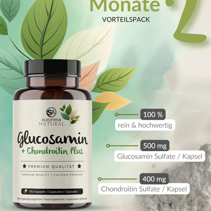 Surpresa dabīgās glikozamīna un hondroitīna kapsulas ar augstu devu I 1 x 195 kapsulas I 1500 mg glikozamīna un 1200 mg hondroitīna vienā dienas devā I Uztura bagātinātājs bez piedevām un laboratoriski pārbaudīts