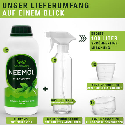 WENDOWERK® Nīma eļļa [1000 ml] - Komplektā ietilpst smidzināšanas pudele un mērtrauks - Nīma eļļa ar emulgatoru tiešai lietošanai - Nīma eļļa dabīgai augu kopšanai lietošanai iekštelpās un ārā