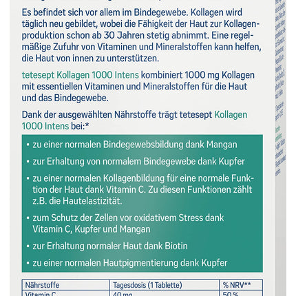 tetesept Collagen 1000 Intens – 1 x 30 tabletes – Uztura bagātinātājs ar kolagēnu, C vitamīnu, biotīnu, varu un mangānu – Saistaudu un skaistas sejas ādas veselībai