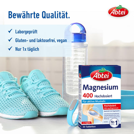 Abtei Magnesium 400 - augstas devas magnijs - aktīviem muskuļiem - bez glutēna, bez laktozes un vegānisks - 30 tabletes
