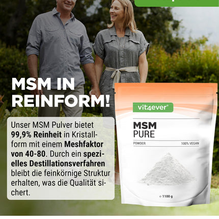 MSM pulveris - 1,1 kg (1100 g) - 99,9% tīrs kristālisks metilsulfonilmetāns - sieta koeficients 40-80 - organiskais sērs - vegāns