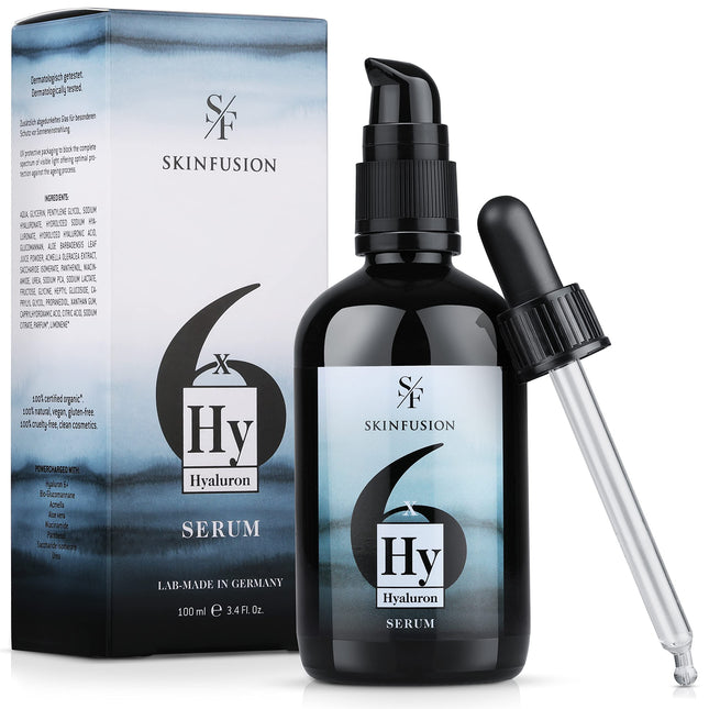 SKINFUSION 6-kārtīgs Bio Hyaluron Serum augstas devas 100 ml – vegāns multihialuronskābes komplekss ar pastiprinošām sastāvdaļām, piemēram, bioglikomannānu, alveju, urīnvielu – tīra, mitrinoša kopšana, efektivitātes uzvarētājs