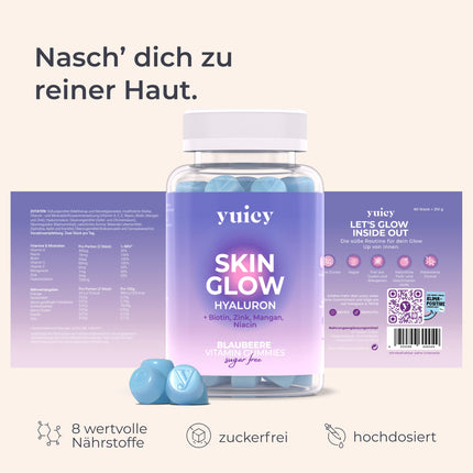 Yuicy Skin Glow - hialuronskābes želejkonfektes – bezcukura, augstas devas ādas vitamīni tīrai un skaistai ādai. Ar biotīnu, cinku un 6 citām uzturvielām. Vegāns un ražots Vācijā. 60 želejkonfektes.