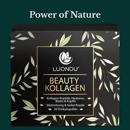 Luondu Beauty kolagēna dzeršanas ampulas ar hialuronskābi (30 ampulas ar 2500 mg augstākās kvalitātes šķidrā kolagēna) | Pretnovecošanās* Dzerams | Ar biotīnu, varu un C vitamīnu, ziedu medu un peru pieniņu