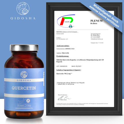 QIDOSHA® kvercetīna kapsulas ar augstu devu, TESTA UZVARĒTĀJS 02/23*, 120 gab./burciņā, 500 mg tīra kvercetīna vienā kapsulā, kvercetīna saturs pārbaudīts ārējā laboratorijā, ražots Vācijā