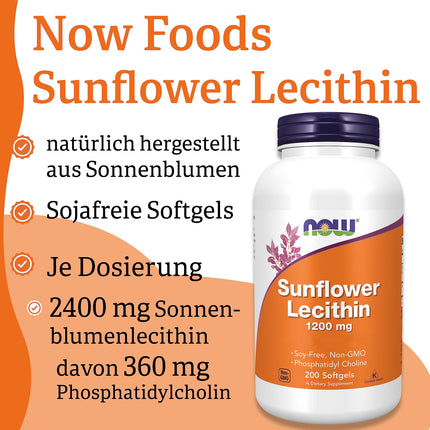 Now Foods, saulespuķu lecitīns, 1200 mg, 200 mīkstās kapsulas, laboratoriski pārbaudītas, bez glutēna, bez sojas