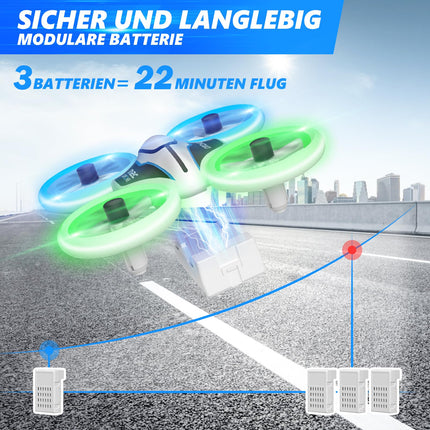 Mini drons ar HD 720P kameru bērniem, tālvadības drons ar LED gaismām, kvadrokopters ar 3D pagriezieniem, bezgalvas režīmu un 3 baterijām, 21 minūtes ilgs lidojuma laiks, rotaļu drons-helikopters bērniem un iesācējiem