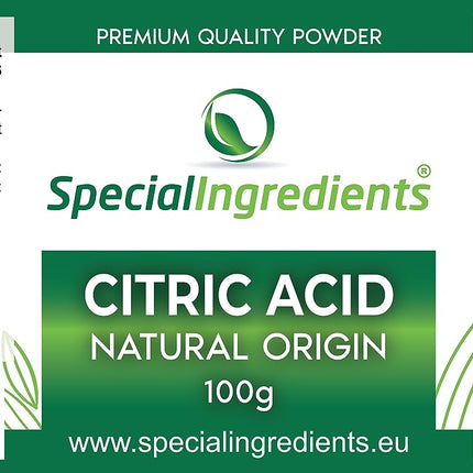 Īpašas sastāvdaļas: citronskābe 100 g, tīra pārtikas kvalitātes 100 % tīrs pulveris (vācu etiķetes un instrukcijas)
