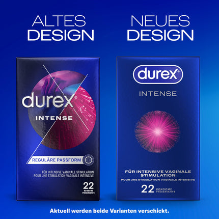 Durex Intense prezervatīvi – ar izciļņiem, ribām un samitrināti ar Desirex gēlu – ideāli pieguļ un viegli attināmi – 22 prezervatīvi (1 iepakojums)