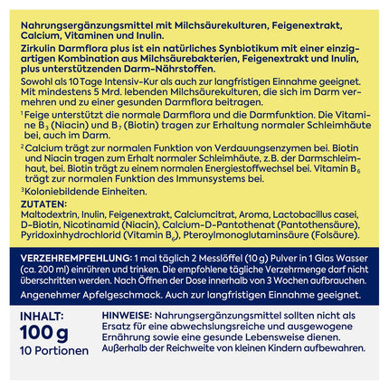 Zirkulin Darmflora Plus 100g pulveris – uztura bagātinātājs veselīgas zarnu mikrofloras atbalstam – ar B3, B7 vitamīniem, kalciju un biotīnu – piemērots kā kūrbbarības līdzeklis vai ilgtermiņa uztura bagātinātājs