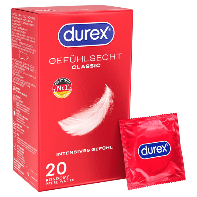 Durex Real Feel Classic prezervatīvi — ideāli pieguļoši un viegli attināmi ar uzticamu aizsardzību — īpaši plāni, mitrināti, caurspīdīgi prezervatīvi ar patīkamu aromātu — 20 iepakojums (1 x 20 gabali)
