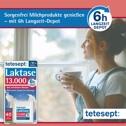 tetesept Lactase 13 000 – laktāzes tabletes laktozes nepanesības gadījumā – uztura bagātinātājs ar tūlītēju iedarbību un 6 stundu ilgstošu depo – 1 bundža ar 40 tabletēm